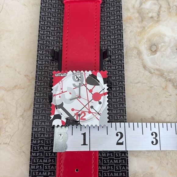 NEW! STAMPS Red Strap Oversized Square Funky Abstract Multicolour Watch in Box - Picture 7 of 8